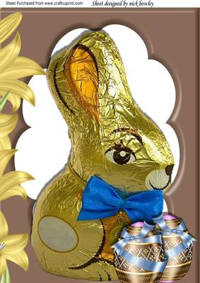 Chocolate Bunny in Foil with Big Blue Bow & Eggs A4