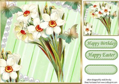 White Daffodils with Pearls and Butterflies 8x8