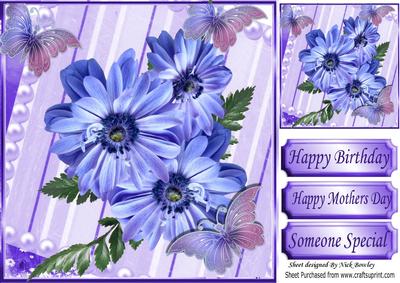 Cornflower Blue Pretty Flowers Butterflies & Pearls 8x8