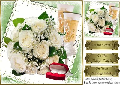 Cream Rose Bouquet, Champagne and His N Hers Rings 8x8