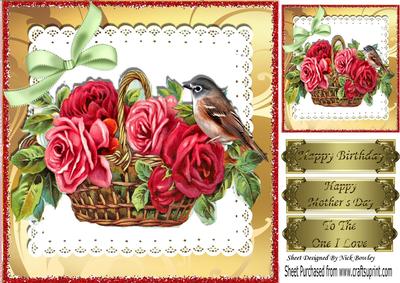 Basket of Red/pink Vintage Roses with Bird on Lace 8x8