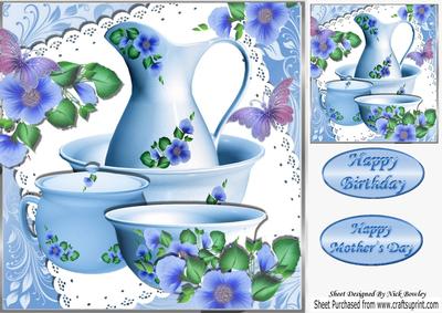 Pretty Blue Floral Pitcher & Bow, on Lace 8x8