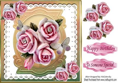 Pretty Ornate Pink Roses with Diamonds on Lace 8x8
