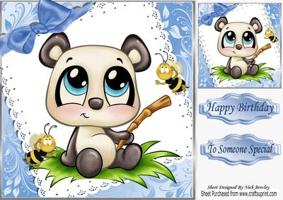 Cute Little Panda with Bees on Lace with Bow 8x8