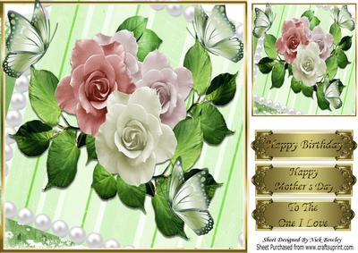 Pretty Green Butterflies, Pearls and Summer Roses 8x8