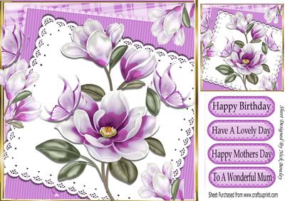 Pretty Purple Magnolias on Lace with Butterflies 8x8