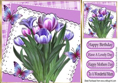 Pretty Pink and Purple Tulips on Lace with Butterflies 8x8