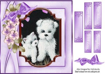 Cute Little Westies with Flowers in Lilac Frame 8x8