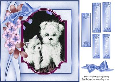 Cute Little Westies with Flowers in Blue Frame 8x8