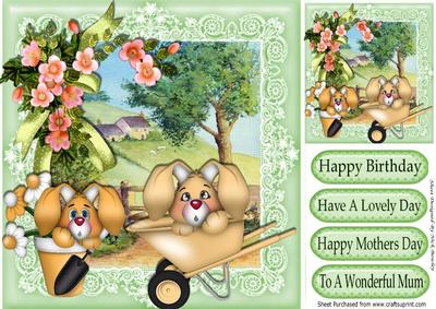 Cute Bunnies Gardening in the Meadow with Cottage 8x8