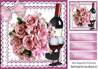 Red Wine, and Pink Roses on Lace with Bow 8x8