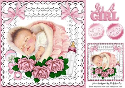 Sleepy Baby Girl in Lace Frame with Roses & Bottle 8x8
