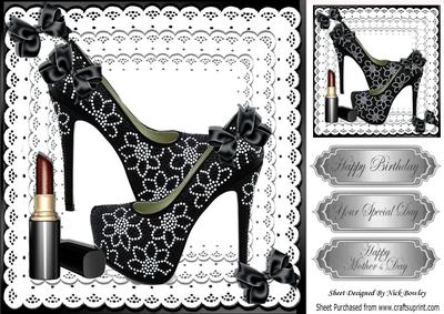 Elegant Black Diamante Shoes with Black Bows on Lace 8x8