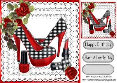 Red Polkadot Shoes with Roses and Makeup on Lace 8x8