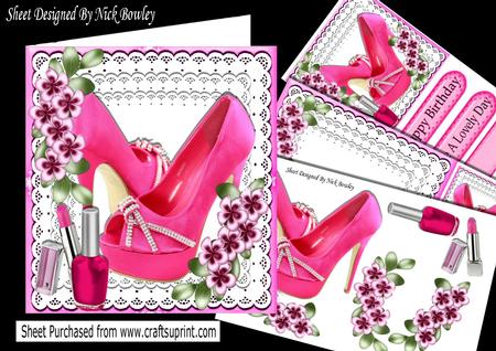 Gorgeous Cerise Diamante Shoes on Lace with Flowers 8x8 Kit