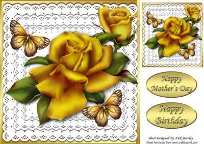 Gold Roses and Butterflies on Lace 8x8