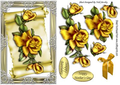 Gold Roses on a Scroll in Ornate Frame with Bow