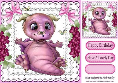 Cute Little Pink Baby Dragon on Lace with Bows 8x8
