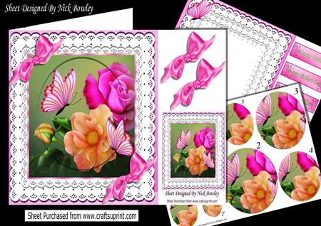 Wild Peach/pink Roses & Butterflies on Lace Pyramids 8x8 Kit