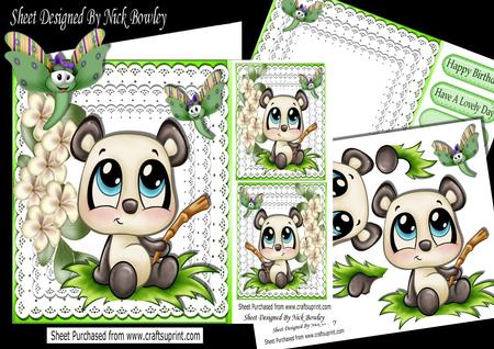 Cute Panda with Toony Dragonfly on Lace with Flowers 8x8 Kit