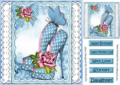 Pretty Blue Polkadot Shoes with Pink Roses on Lace 8x8