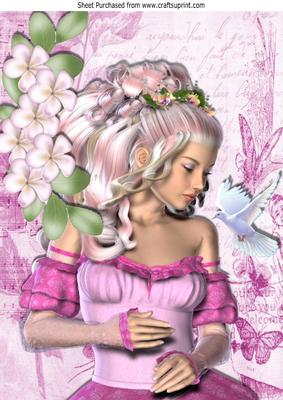 Beautiful Gypsey Girl in Pink Wih Butterflies and Dove A4