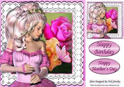Pretty Gypsey Girl with Roses on Lace with Butterflies 8x8