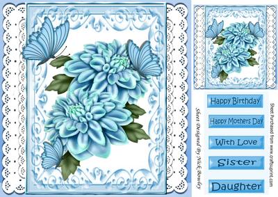 Pretty Blue Chrysanthemums, & Butterflies on Lace 8x8
