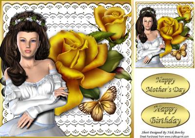 Pretty Gypsey Girl with Gold Roses and Butterfly on Lace 8x8