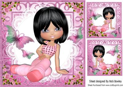 Pretty Poser Girl in Pink with Butterfliesand Roses 8x8
