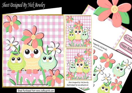 Cute Family of Owls in a Flower Pot, with Flowrs 8x8 Kit
