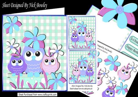 Cute Family of Lilac Owls in a Flower Pot, with Flowers Kit