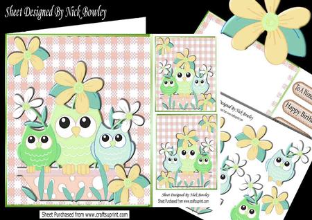 Cute Family of Green Owls in a Flower Pot, with Flowers Kit