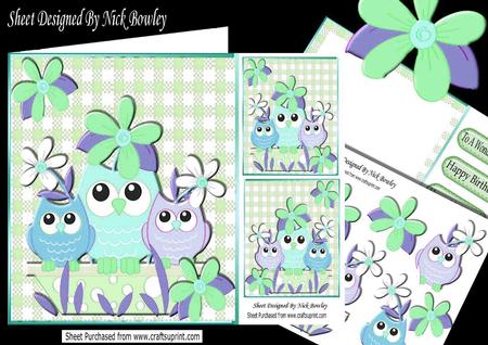 Family of Blue Owls with Flowers and Pot 8x8 Mini Kit