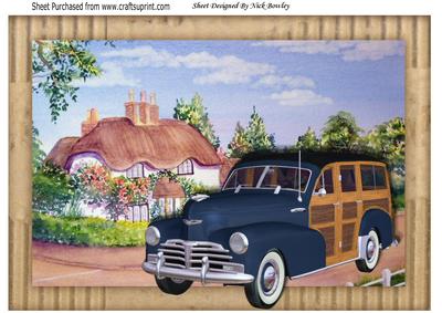 Blue 1948 Vintage Woody, with Pretty Cottage A4