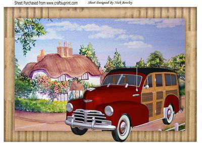 Red 1948 Vintage Woody, with Pretty Cottage A4