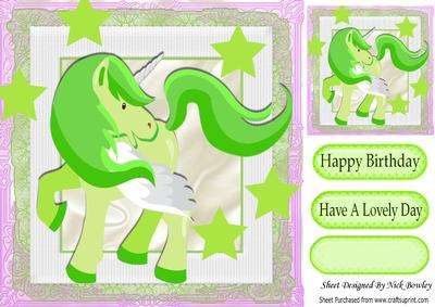 Pretty Green Unicorn with Stars 8x8