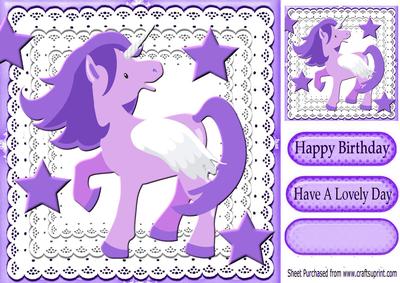 Pretty Purple Unicorn with Stars on Lace 8x8