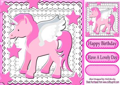Pretty Pink Unicorn with Stars on Lace 8x8