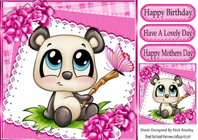 Cute Panda with Butterfly on Lace with Pink Flowers 8x8