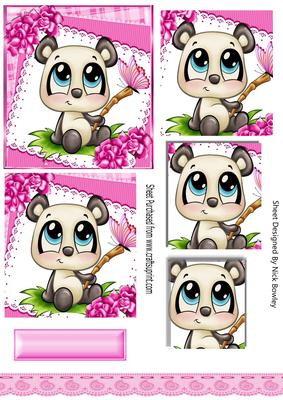 Cute Panda on Lace with Pink Flowers Pyramids