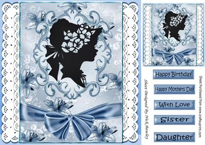 Pretty Silhouette Lady on Lace with Blue Bow 8x8