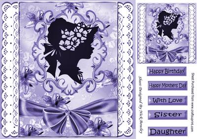 Pretty Vintage Silhouette Lady on Lace with Purple Bow 8x8