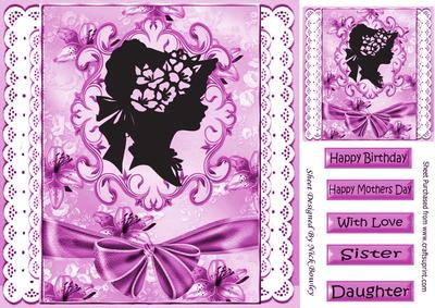 Pretty Vintage Silhouette Lady on Lace with Pink Bow 8x8