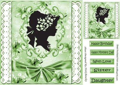 Pretty Vintage Silhouette Lady on Lace with Green Bow 8x8