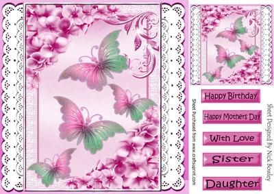 Pretty Pink Butterflies with Flowers on Lace 8x8
