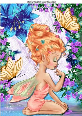 Pretty Faerie Sitting Down with Flowers and Butterflies A4
