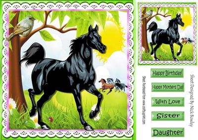 Gorgeous Black Stallion with Horses in Meadow with Bird 8x8