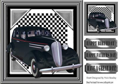 1936 Black Sedan Vintage Car in Ornate Frame 8x8