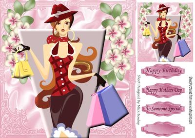 Trendy Lady Loves to Shop, with Flowers 8x8